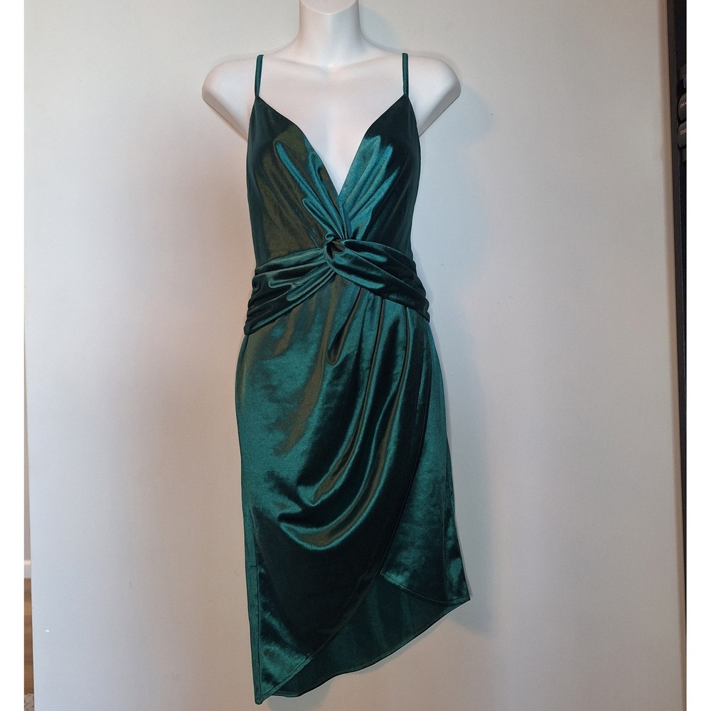 Luxxel Emerald Green Satin Twist Front Asymmetrical Hem Cocktail Dress Large